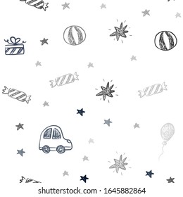 Dunkelrosa, Blaue Vektorillustration nahtloses Layout im neuen Stil. Illustration mit einem bunten Spielzeugauto, Baloon, Süßigkeiten, Stern, Ball. Muster für Geburtstagsgeschenke.
