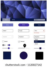Dark Pink, Blue vector style guide with triangles. Ui Ux kit with colorful polygonal background in its header. Beautiful layout for websites, landing pages.