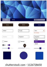 Dark Pink, Blue vector style guide with triangles. Colorful ui/ux kit with header consisted of triangles. This template you can use for websites.