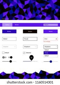 Dark Pink, Blue vector style guide with triangles. Colorful ui/ux kit with header consisted of triangles. This template you can use for landing pages.