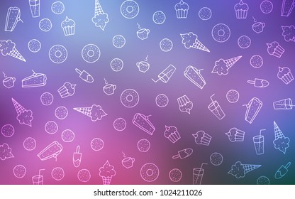 Dark Pink, Blue vector template with sweet snacks. Glitter abstract sketch with sweets, candies, desserts. Pattern for menu of cafes and restaurants.