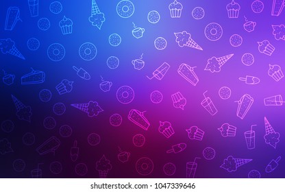 Dark Pink, Blue vector template with sweet snacks. Illustration with set of sweet food in doodle style. Pattern for ads of breakfast, lunch, dinner.