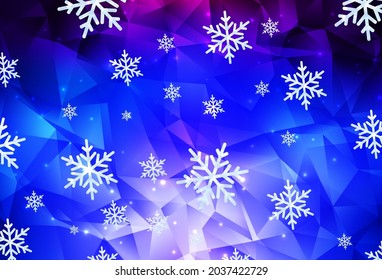Dunkelrosa, Blaue Vektorvorlage mit Eisschneeflocken, Sternen. Moderne geometrische abstrakte Illustration mit Schneeflocken. Muster für Neujahrswebseiten.