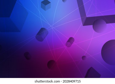 Dark Pink, Blue vector texture with 3D cubes, cylinders, spheres, rectangles. Abstract background with gradient geometric pattern. Base for booklets, leaflets