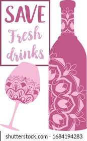 Dark pink bottle and glass with premium quality champagne. Vector
