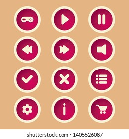 
Dark pink buttons with user icons, games, pauses, cross marks (exit), check marks, rewind arrows, volume, store, options, information for the design of games and applications.