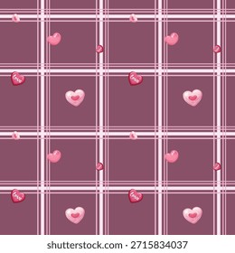 Patrón a cuadros de color rosa oscuro con corazones brillantes. Patrón a cuadros de color rosa oscuro sin costuras con iconos brillantes del corazón colocados en las intersecciones de la cuadrícula. Fondo romántico perfecto para el día de San Valentín, decoración de la boda, envoltura de regalo y diseños textiles femeninos.