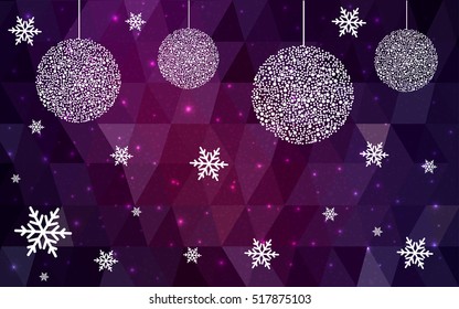 Dark Pink christmas postcard low polygon background. Vector illustration consisting of triangles. Abstract triangular polygonal origami or crystal design of New Year celebration.