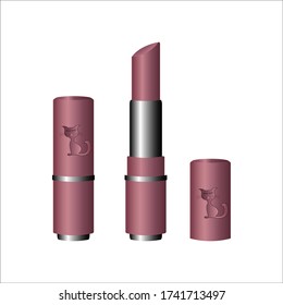 Dark pink colour Lipsticks in same colour and silver packaging with opened and closed (same coloured) cap isolated on white background with cutie cat logo on the cap