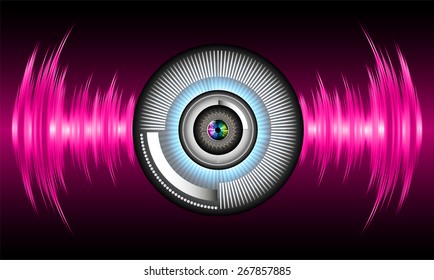 dark pink eyeball future technology, security concept background. vector. Light Technology background for computer graphic website internet business. circuit. sound wave. eye