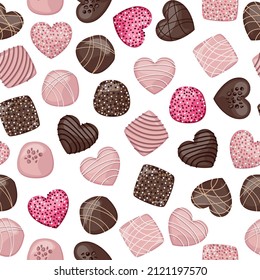 Dark and pink glitter chocolate candies decorated with confectionery topping isolated on white background. Vector seamless pattern.