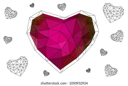 Dark Pink, Green vector abstract glitter heart shape on white background in love concept for valentine's day with sweet and romantic moment. Polygonal design for your business.