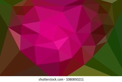 Dark Pink, Green vector abstract mosaic backdrop with a heart in a centre. Modern abstract illustration with triangles. Triangular pattern for your design.