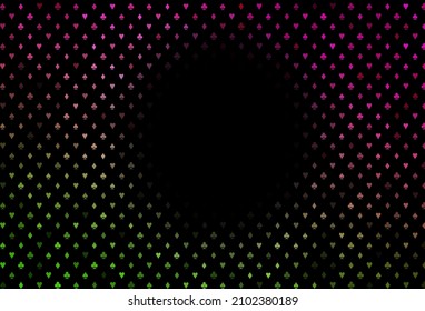 Dark pink, green vector background with cards signs. Colored illustration with hearts, spades, clubs, diamonds. Pattern for booklets, leaflets of gambling houses.