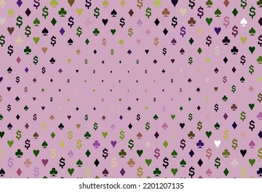 Dark pink, green vector background with cards signs. Colorful gradient with signs of hearts, spades, clubs, diamonds. Template for business cards of casinos.