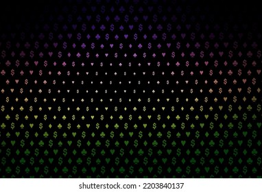 Dark pink, green vector background with cards signs. Colorful gradient with signs of hearts, spades, clubs, diamonds. Design for ad, poster, banner of gambling websites.