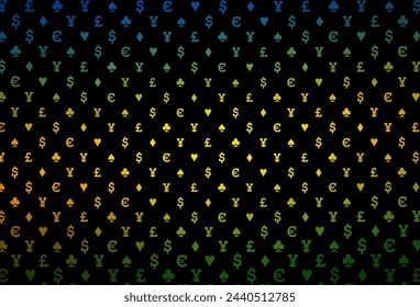 Dark pink, green vector background with cards signs. Illustration with set of hearts, spades, clubs, diamonds. Template for business cards of casinos.