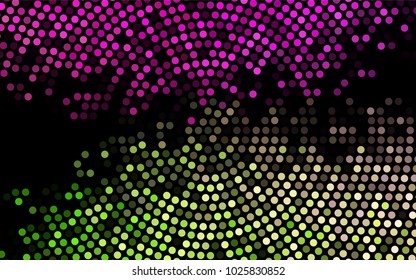 Dark Pink, Green vector banner with circles, spheres. Abstract spots. Background of Art bubbles in halftone style with colored gradient.