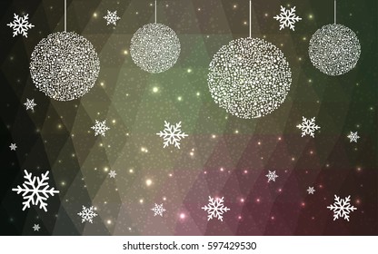 Dark Pink Green vector christmas postcard low polygon background. Illustration consisting of triangles. Abstract triangular polygonal origami or crystal design of New Year celebration.