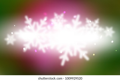 Dark Pink, Green vector cover with beautiful snowflakes. Snow on blurred abstract background with gradient. The pattern can be used for year new  websites.