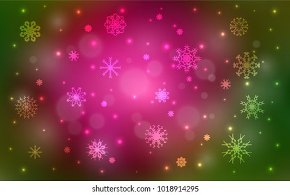Dark Pink, Green vector cover with beautiful snowflakes. Modern geometrical abstract illustration with crystals of ice. New year design for your ad, poster, banner.