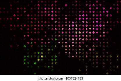 Dark Pink, Green vector cover with symbols of gamble. Colorful gradient with signs of hearts, spades, clubs, diamonds. Pattern for ads of parties, events in Vegas.