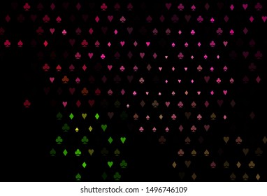 Dark Pink, Green vector cover with symbols of gamble. Glitter abstract sketch with isolated symbols of playing cards. Design for ad, poster, banner of gambling websites.