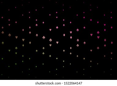 Dark Pink, Green vector cover with symbols of gamble. Glitter abstract sketch with isolated symbols of playing cards. Pattern for booklets, leaflets of gambling houses.