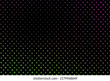 Dark pink, green vector layout with elements of cards. Colorful gradient with signs of hearts, spades, clubs, diamonds. Template for business cards of casinos.