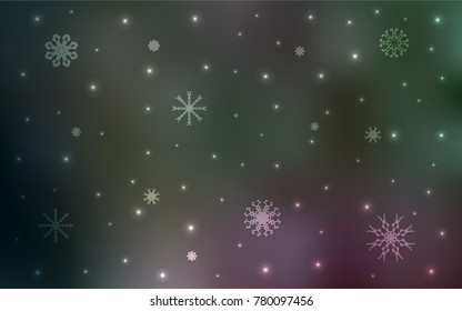 Dark Pink, Green vector layout with bright snowflakes. Snow on blurred abstract background with gradient. The pattern can be used for new year leaflets.