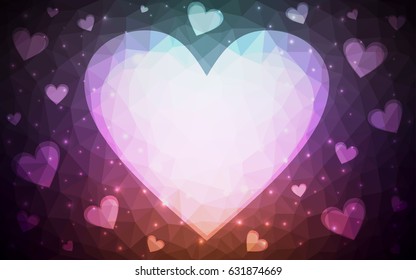 Dark Pink, Green vector love background with heart. Paper note. Valentine's greeting polygonal card. Triangular illustration for your business. Stock template for your design.
