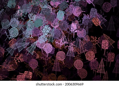 Rosa Oscuro, Vector Verde de arte natural con árboles, ramas. Ilustración creativa en estilo abstracto con árboles. Diseño pintado a mano para la web, folletos.