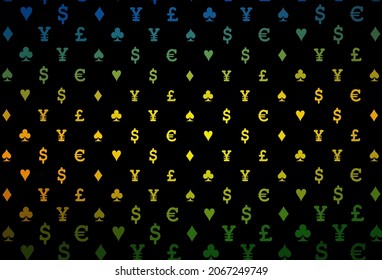 Dark pink, green vector pattern with symbol of cards. Colorful gradient with signs of hearts, spades, clubs, diamonds. Design for ad, poster, banner of gambling websites.
