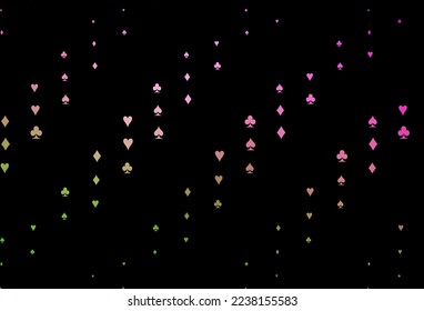 Dark Pink, Green vector pattern with symbol of cards. Illustration with set of hearts, spades, clubs, diamonds. Pattern for ads of parties, events in Vegas.