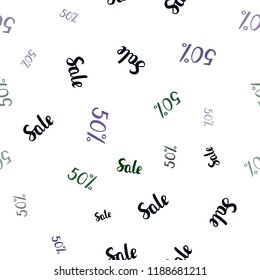 Dark Pink, Green vector seamless texture with selling prices 50 %. Gradient illustration with discount signs on white backdrop. Pattern for ads, posters, banners of sales.