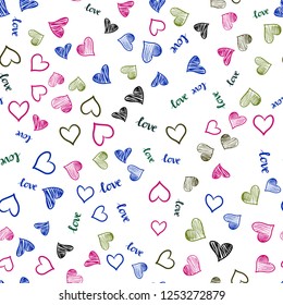 Dark Pink, Green vector seamless cover with quote LOVE YOU, hearts. Design in doodle style with text LOVE YOU, hearts. Template for business cards, websites.