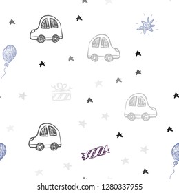 Dark Pink, Green vector seamless texture in birthday style. Illustration with a gradient toy car, baloon, candy, star, ball. Design for colorful commercials.