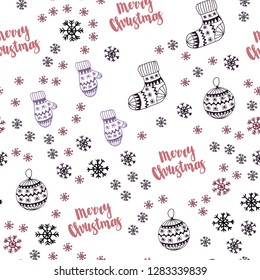 Dark Pink, Green vector seamless layout with bright snowflakes, balls, socks, mittens. Colorful illustration with xmas symbols. Pattern for trendy fabric, wallpapers.