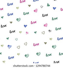 Dark Pink, Green vector seamless texture with words LOVE YOU, hearts. Colorful gradient phrase LOVE YOU, hearts in abstract style. Design for textile, fabric, wallpapers.