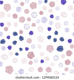 Dark Pink, Green vector seamless elegant wallpaper with leaves, flowers. Leaves and flowers with gradient on white background. Pattern for trendy fabric, wallpapers.