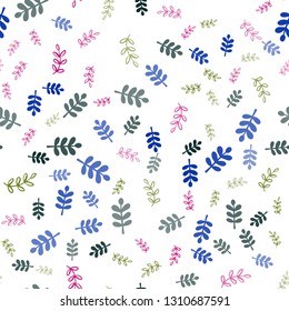 Dark Pink, Green vector seamless doodle pattern with leaves, branches. Brand new colored illustration with leaves and branches. Template for business cards, websites.