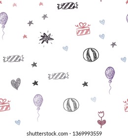 Dark Pink, Green vector seamless texture with birthday gifts. Colorful illustration with a toy car, heart, baloon, tulip, candy, ball. Design for colorful commercials.