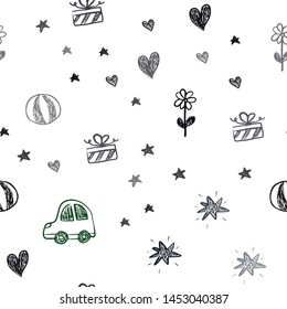 Dark Pink, Green vector seamless background with xmas attributes. Shining illustration with a toy car, heart, baloon, tulip, candy, ball. Pattern for new year ads.