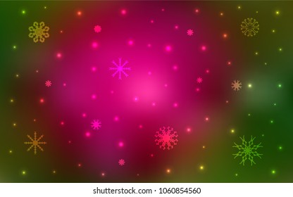 Dark Pink, Green vector template with ice snowflakes. Decorative shining illustration with snow on abstract template. The pattern can be used for new year ad, booklets.