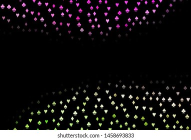 Dark Pink, Green vector template with poker symbols. Blurred decorative design of hearts, spades, clubs, diamonds. Design for ad, poster, banner of gambling websites.