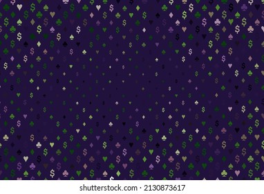 Dark pink, green vector template with poker symbols. Colorful gradient with signs of hearts, spades, clubs, diamonds. Pattern for ads of parties, events in Vegas.
