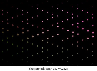 Dark Pink, Green vector texture with playing cards. Illustration with set of hearts, spades, clubs, diamonds. Design for ad, poster, banner of gambling websites.