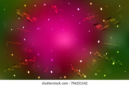 Dark Pink, Green vector texture with birthday confetti. Decorative shining illustration with ribbons on abstract template. The template can be used as a background for postcards.