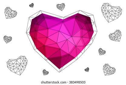 Dark pink heart isolated on white background. Geometric rumpled triangular low poly origami style gradient graphic illustration. Vector polygonal design for your business.