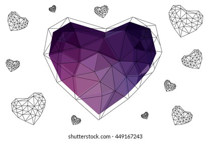 Dark pink heart isolated on white background. Geometric rumpled triangular low poly origami style gradient graphic illustration. Vector polygonal design for your business.